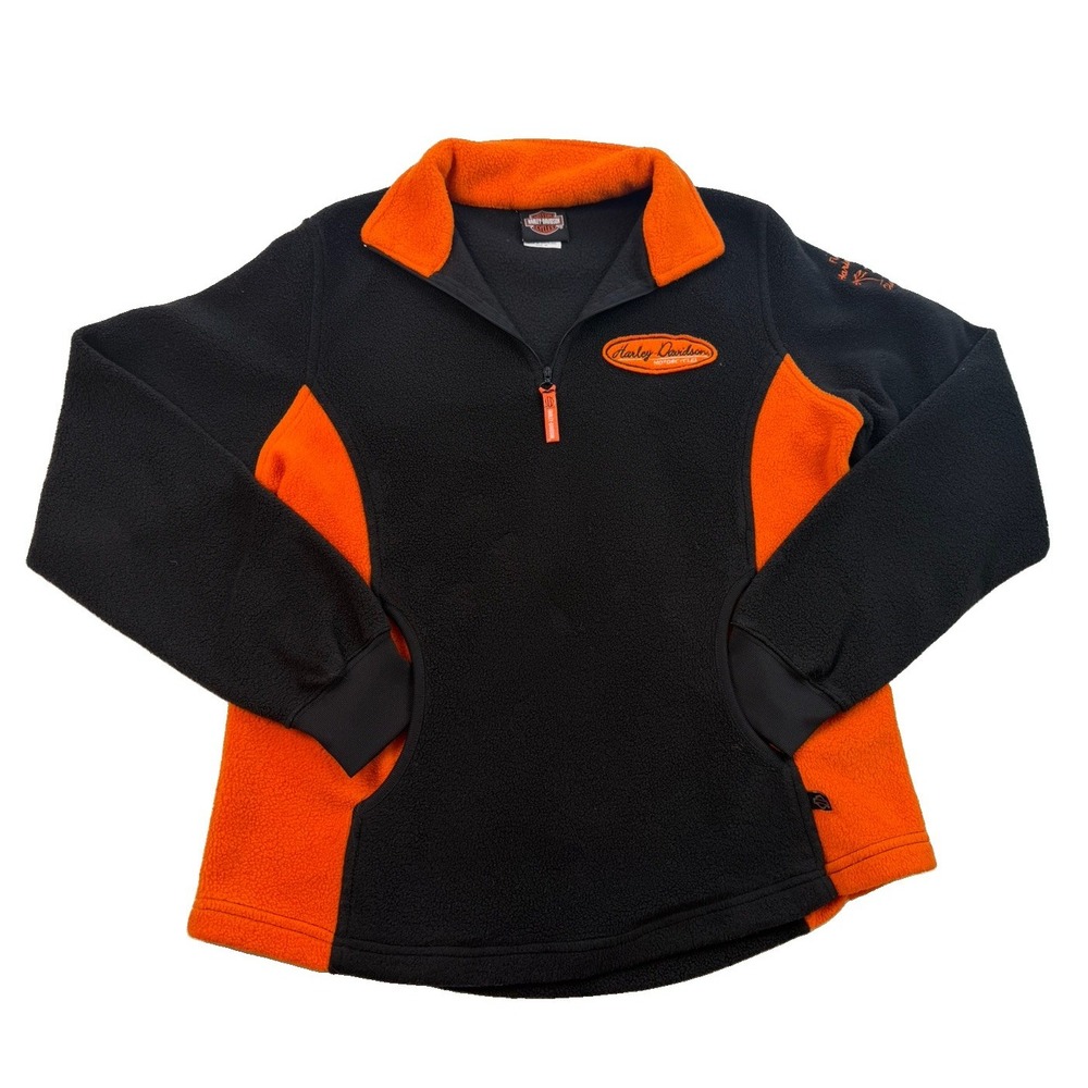 Harley Davidson Women's M Fleece Pullover Black Orange 1/4 Zip Y2K 2007